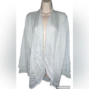 Loft Womens Open Front Cardigan Sweater Gray Shawl Collar Crochet Knit Boho XL